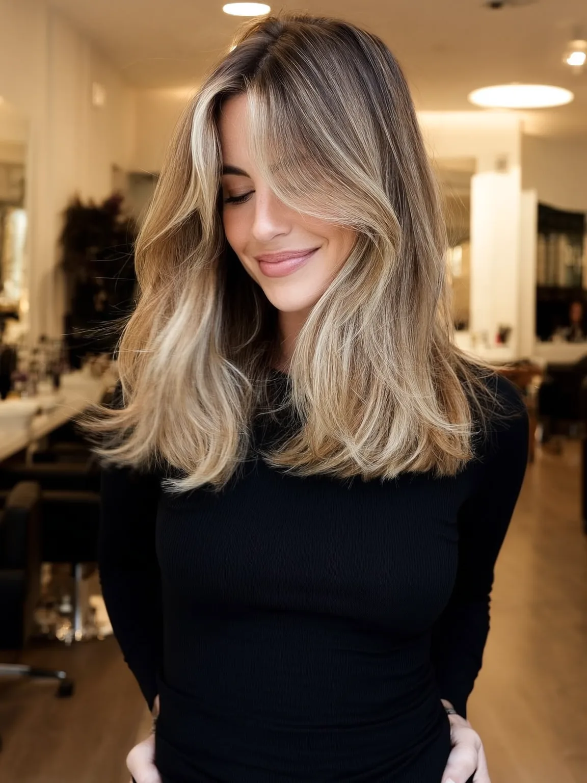 Sun-Kissed Balayage Long Layers with Voluminous Waves and Curtain Bangs